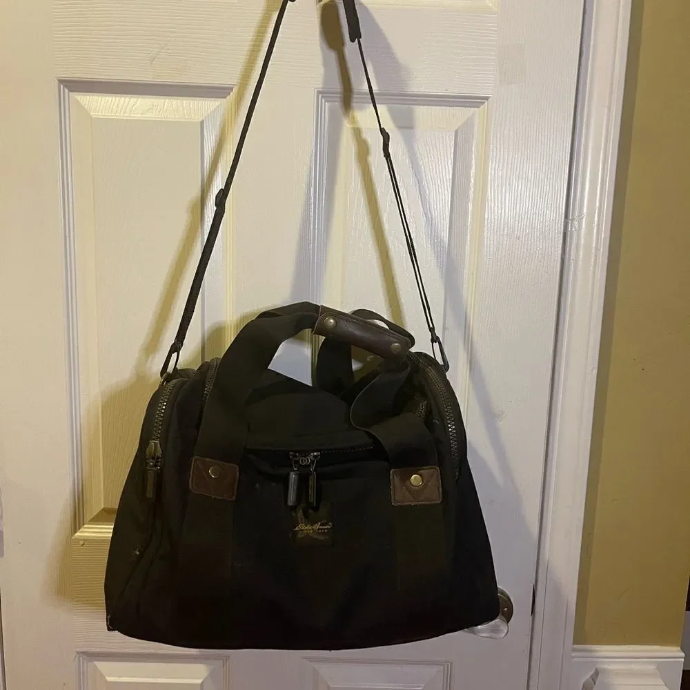 Eddie Bauer Premium Black Canvas brown Leather Duffle Weekender Bag
